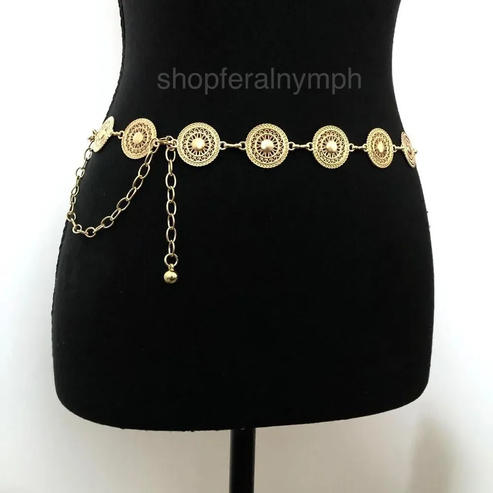 Gold Y2K Round Medallion Indie Body Chain Belt, Fits 24-40 Inches, X7GA1237